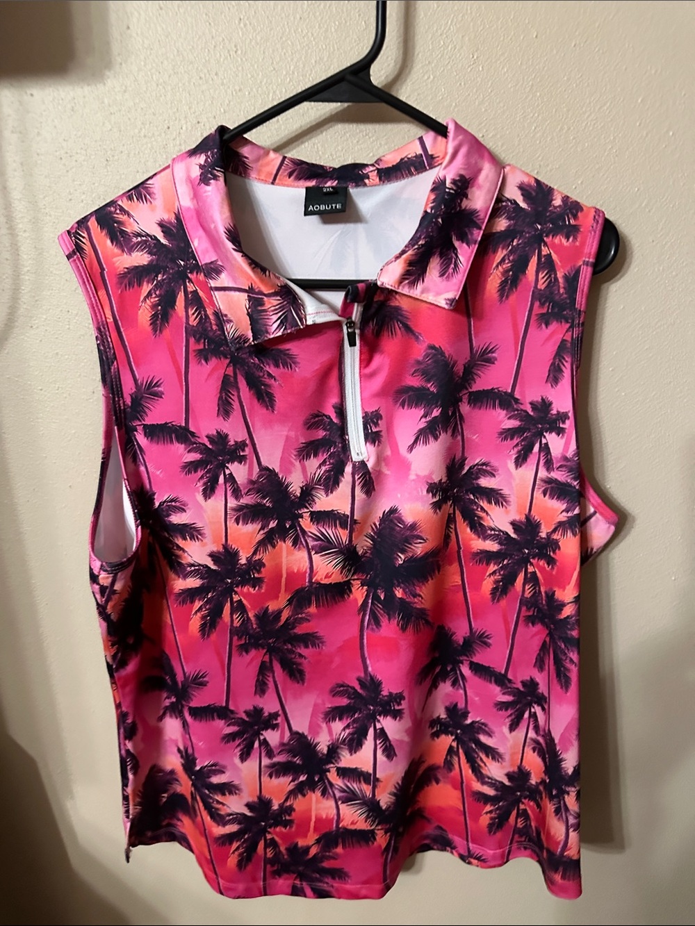 Aodite Pink Palm-Print Sleeveless Polo Tank